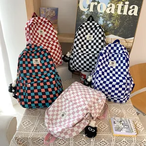 Vintage Checkerboard Nylon Backpack For Women Korean Style Plaid Schoolbag Large Capacity Casual Travel Daypack With Pendant