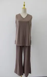 Full length detail view of mocha V-neck tank top and matching wide-leg pants set