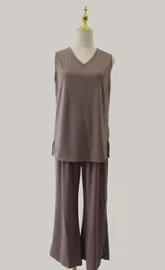 Full length detail view of mocha V-neck tank top and matching wide-leg pants set