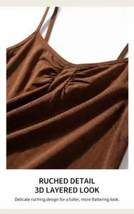 Detailed close-up of brown ruched camisole top showing the soft jersey fabric texture
