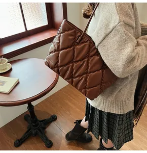Stylish brown quilted puffer tote bag for women, large capacity winter shoulder bag