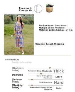 Elegant floral cotton silk midi dress with middle sleeves for summer beach outings