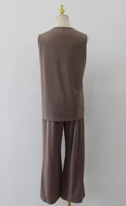 Detailed back view of women's mocha brown two-piece sleeveless top and pants set