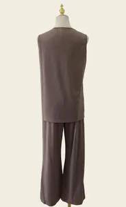 Detailed back view of women's mocha brown two-piece sleeveless top and pants set