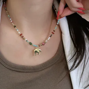 Natural Stone Crystal Beaded Necklace For Women Copper Gold Plated Elephant Pendant Artificial Pearl Fashion Jewelry Gift