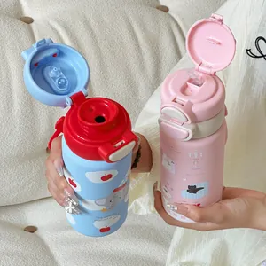 Close-up of cute cartoon elephant and cat 316 stainless steel straw vacuum flasks