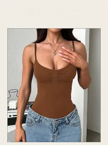 Detailed view of a brown sexy Y2K camisole bodysuit with slim fit design on a model