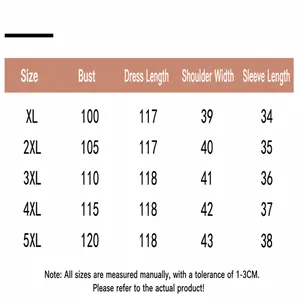 Detailed size chart for elegant cotton-silk midi dress with measurements from XL to 5XL