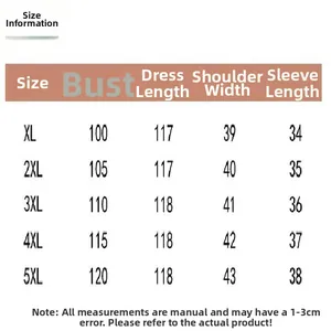 Detailed size chart for elegant cotton-silk midi dress with measurements from XL to 5XL