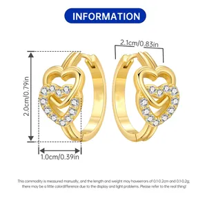 Detailed size measurements for 18K gold plated double heart hoop earrings with stones