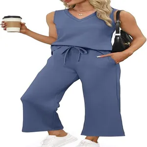 Women's dusty blue 2-piece summer set with V-neck tank top and wide leg cropped pants