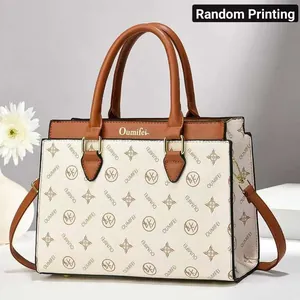 Elegant large capacity women's tote bag with vintage monogram print and brown handles