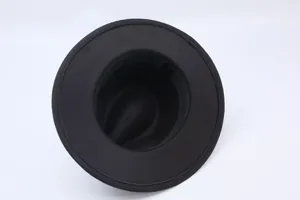 Interior detail view of a classic black wool felt flat brim jazz hat size 57
