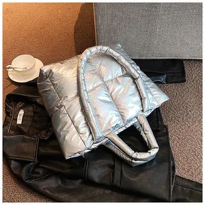 Fashionable metallic silver quilted puffer tote bag with large capacity for winter