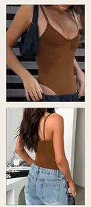 Detailed front and back views of a sexy brown Y2K sleeveless bodysuit leotard for women.
