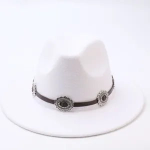 Classic white felt fedora hat with brown leather band and silver flower accents