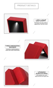 Detailed views of high-end red jewelry box featuring internal LED light and seamless hinge.
