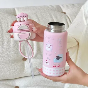 Kawaii pink 316 stainless steel insulated thermos with straw and cloud lid character