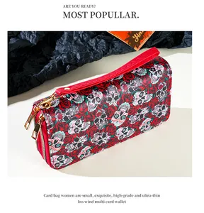 Halloween skull and rose print long wallet with double zipper and wrist strap