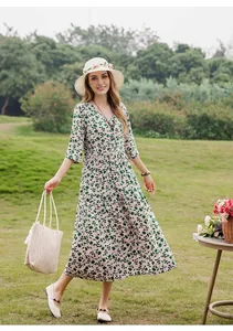 Elegant mid-sleeve cotton silk floral dress perfect for summer vacations and beach