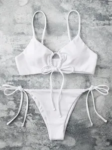 Elegant white ribbed two-piece bikini set with sexy front tie detail and texture