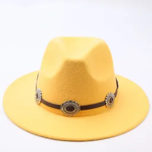 Vintage yellow felt fedora hat with decorative metallic sunflower band details.