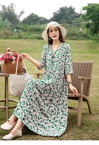 Elegant green leaf print cotton silk maxi dress perfect for summer beach vacations