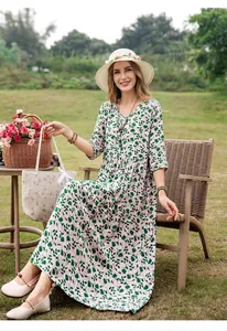 Elegant green leaf print cotton silk maxi dress perfect for summer beach vacations