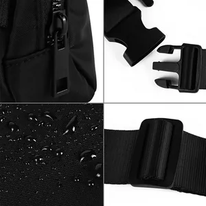 Macro view of waterproof black nylon bag showing buckle, zipper pull and strap adjuster