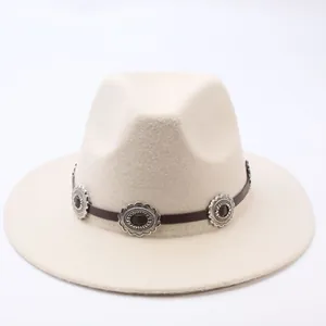 Beige vintage wool felt fedora hat with decorative leather band and floral studs.