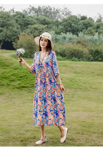 Elegant floral print cotton viscose summer dress with mid-sleeves and V-neckline detail
