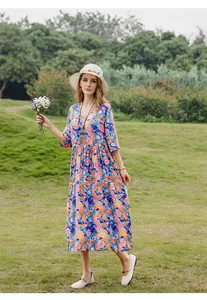 Elegant floral print cotton viscose summer dress with mid-sleeves and V-neckline detail