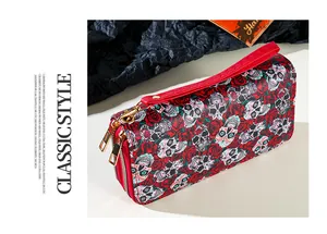 Close-up of Halloween skull and rose print double zipper long wallet