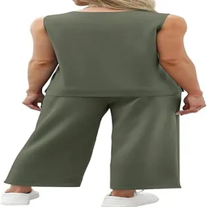 Back view of women's olive green sleeveless top and wide-leg pants two-piece set