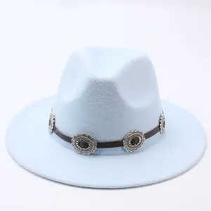 Vintage light blue wool felt fedora jazz hat with decorative metallic flower band