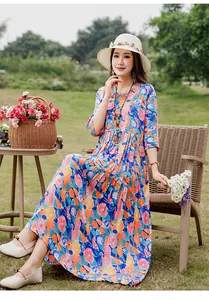 Elegant floral print cotton silk midi dress with mid-sleeves for summer casual beach wear