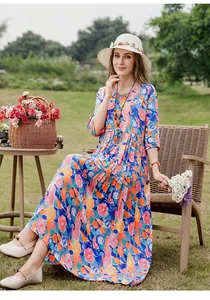 Elegant floral print cotton silk midi dress with mid-sleeves for summer casual beach wear