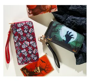 Stylish Halloween themed long clutch wallets featuring skull and zombie hand prints