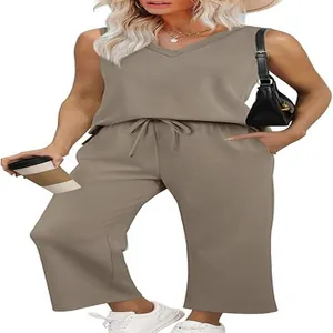 Casual two-piece summer set with V-neck tank top and drawstring wide-leg pants