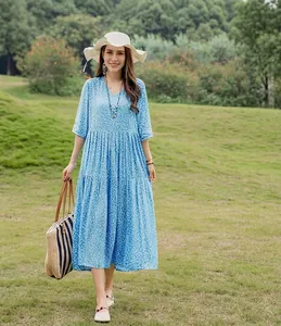 Elegant blue floral cotton silk maxi dress with V-neck and half sleeves for summer