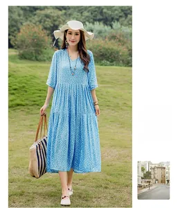 Elegant blue floral cotton silk maxi dress with V-neck and half sleeves for summer