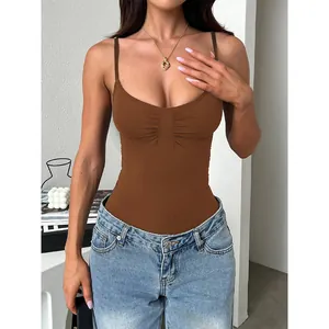 Sexy brown Y2K camisole bodysuit with ruched chest detail and slim fit for summer