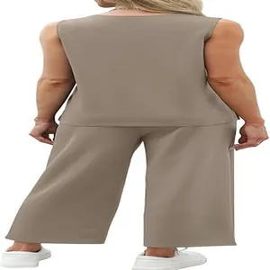 Back view of women's two-piece summer travel set with tank top and wide-leg pants