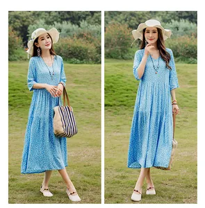 Detailed view of an elegant blue floral cotton silk midi dress with half sleeves and V-neck