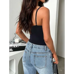 Sexy black Y2K cami bodysuit for women, back view showing high-stretch fabric detail