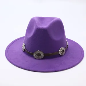 Detailed macro view of a purple wool felt fedora hat with silver floral metal accents