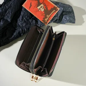 Detailed interior view of a Halloween double zipper long wallet with many card slots