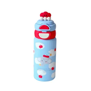 Cute cartoon elephant insulated stainless steel water bottle with straw for students