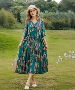 Elegant floral print cotton silk midi dress with mid-sleeves for summer beach wear