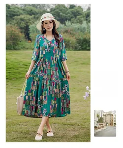 Elegant floral print cotton silk midi dress with mid-sleeves for summer beach wear